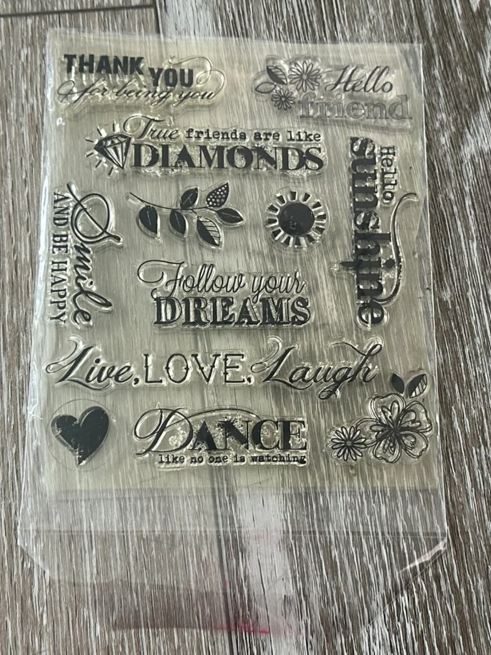 Fun Clear Stamps Feel Good Sentiments Smile & Be Happy, Hello Sunshine etc